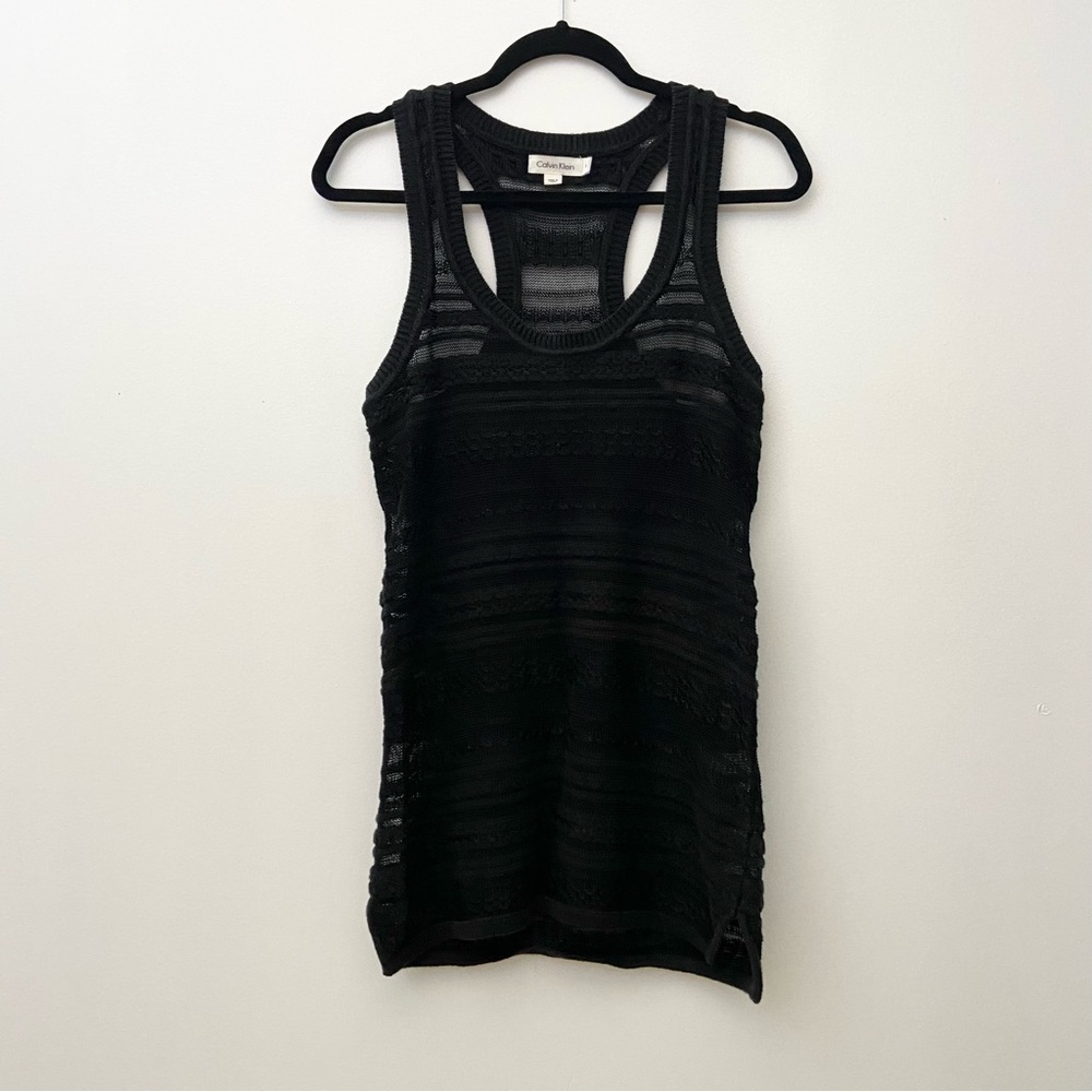 Calvin Klein Black Striped Knit Mesh Lace Tank Top